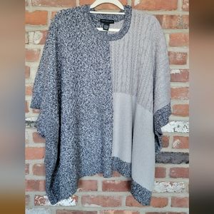 Joan Vass NY Knit Pullover Blue Beige Patchwork Sweater Shawl Poncho Wrap | OS